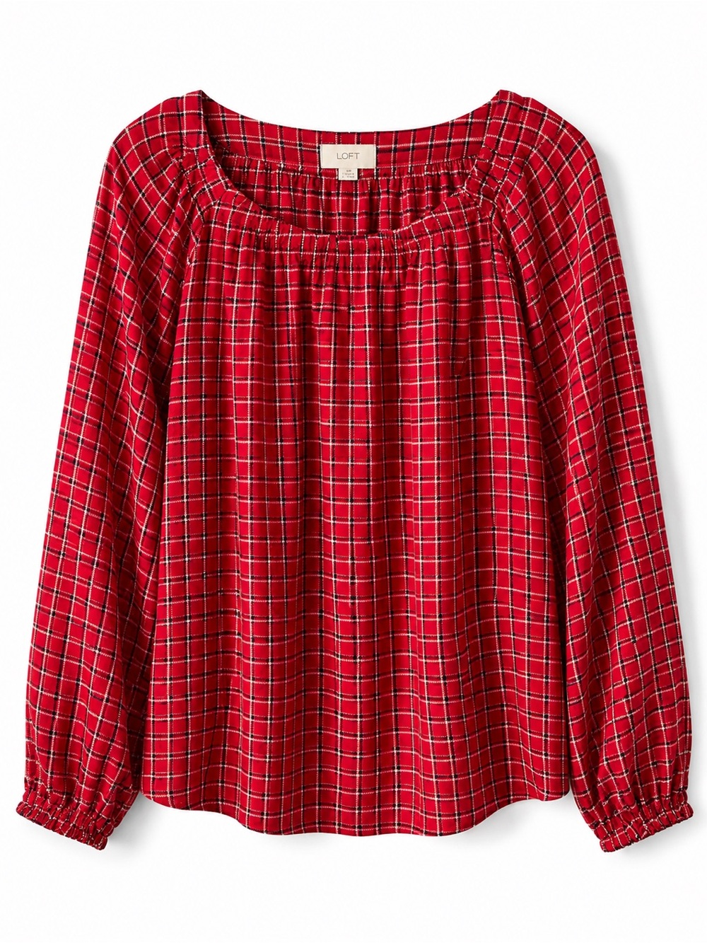 LOFT Red Plaid Peasant Top Size L